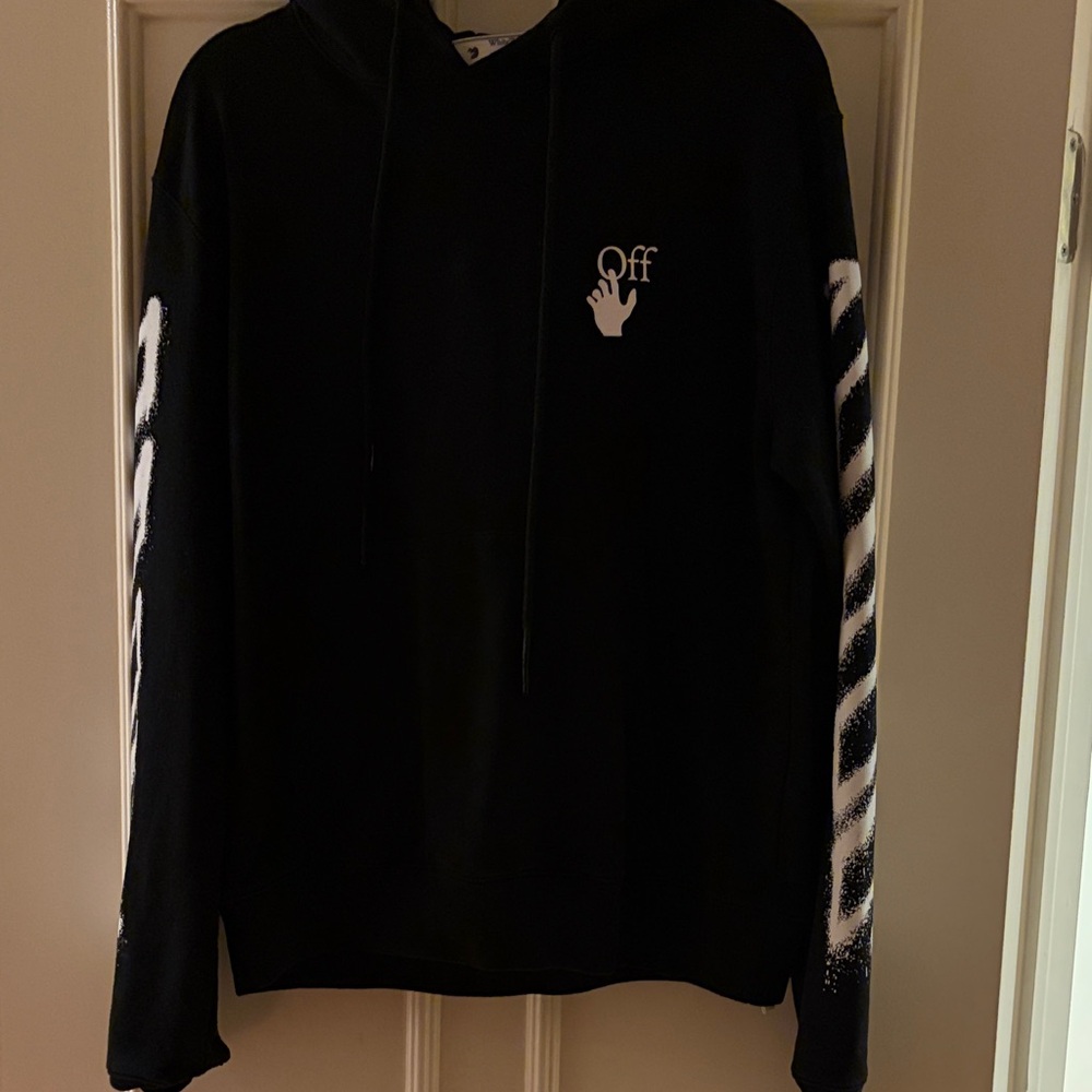 Off-White Black Hoodie with White Hand Logo and Diagonal Sleeve Stripes